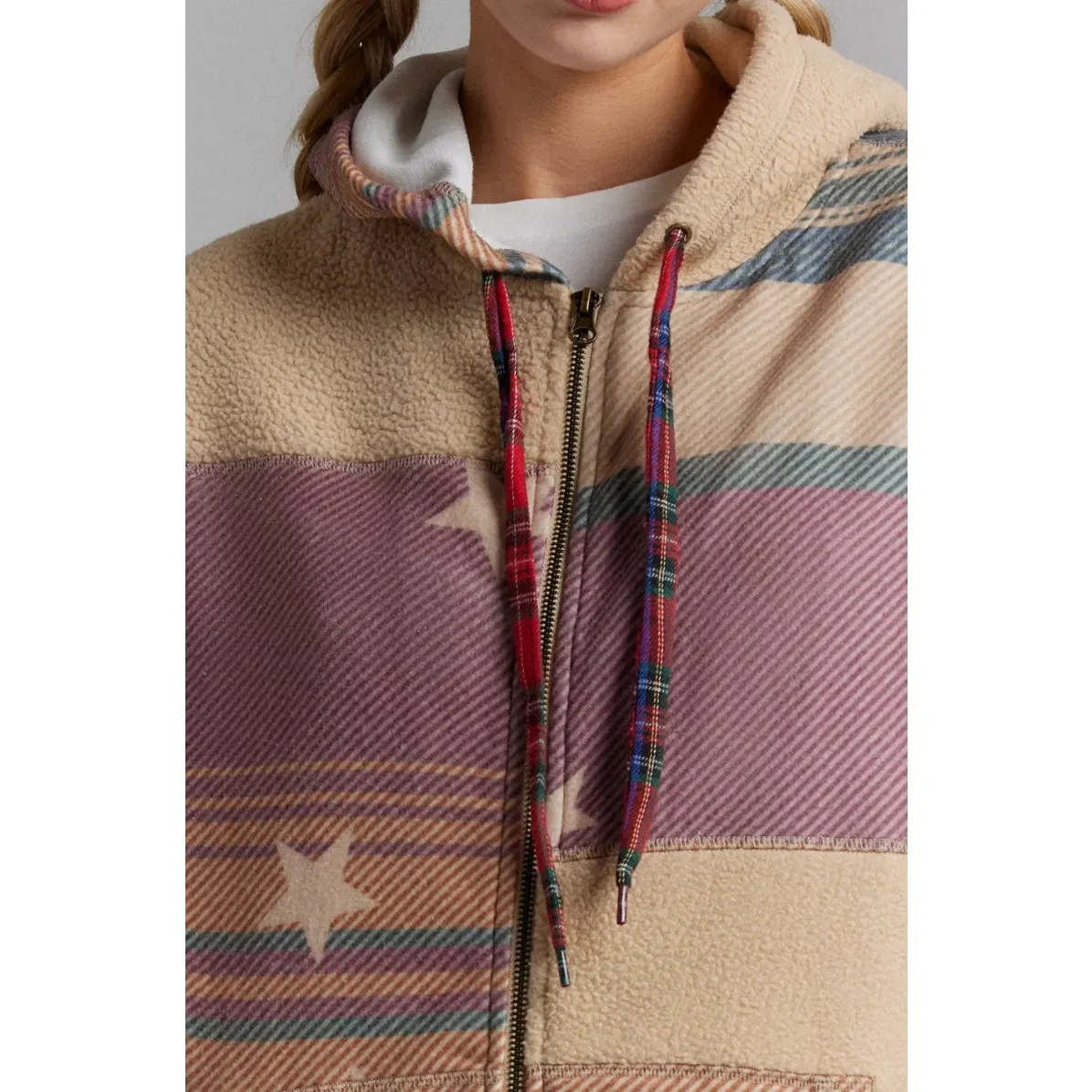 Urban Outfitters BDG Hunter Patchwork Fleece Zip Up Hoodie Sweatshirt in Neutral - Image 4