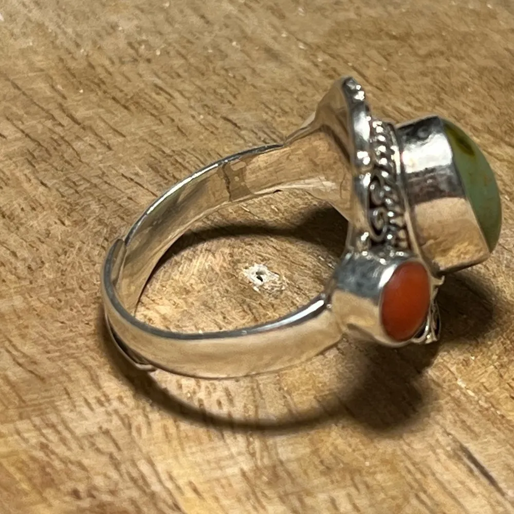 Green Turquoise & Red Coral Filigree 925 Sterling Silver Ring - Image 6