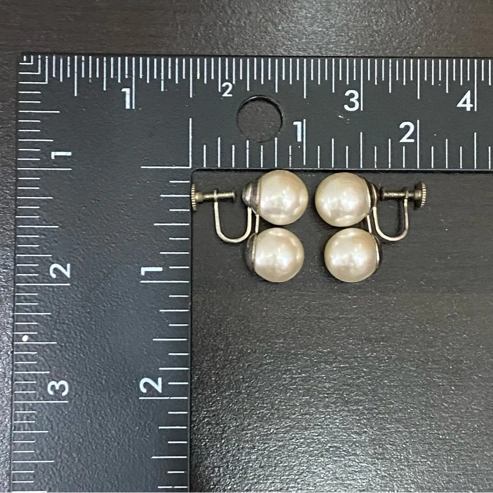 Vintage Japan Ivory White Double Faux Pearl Screw Back Non - Image 11