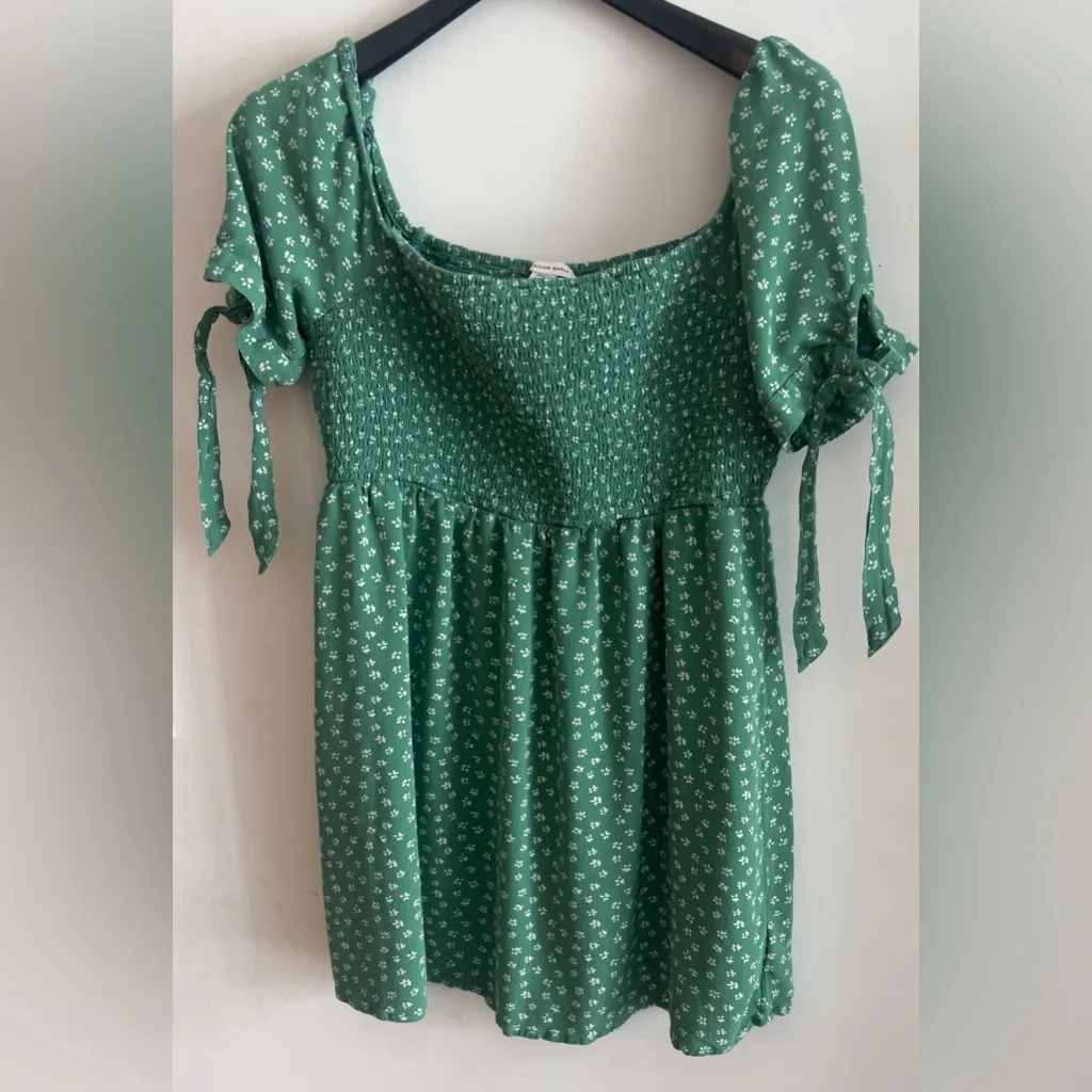 American Eagle Green Floral Smocked Dress Size S Puff Sleeves Tie Detail - Image 2