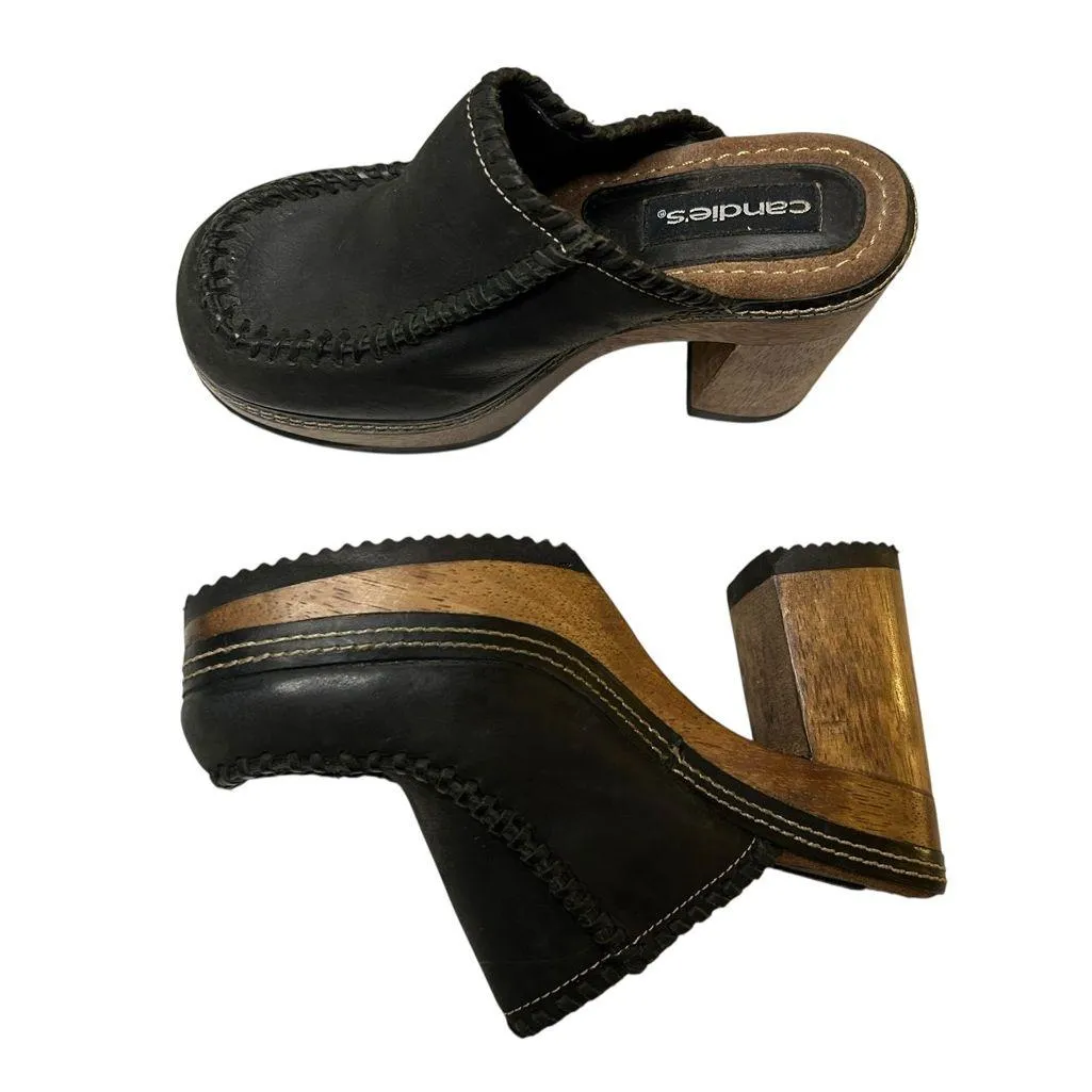 ⭐️ Vintage Candie’s Black Leather Clogs Made in Brazil - Y2K Chunky Wooden Heels - Image 4