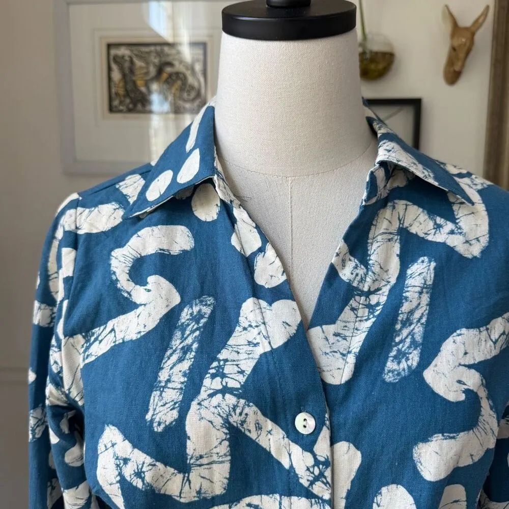 Haute Hippie Cropped Front Tie Button Up Top Blue White Abstract Linen Blend M - Image 3