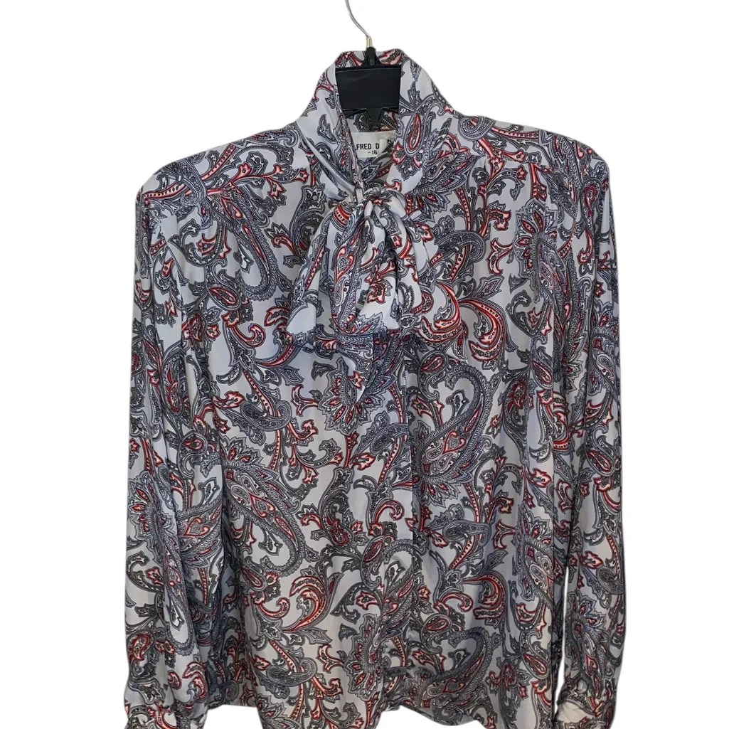 Vintage Secretary Blouse Paisley Gray red Pus*y Bow 70s 80s Fall Holiday attire Size 16 - Image 3