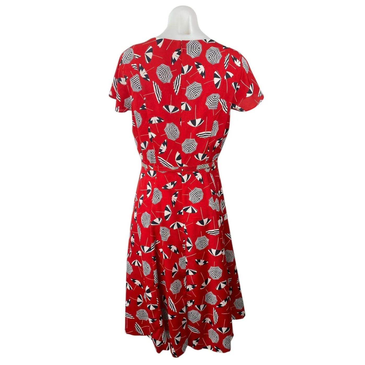 Talbots Beach Umbrella Red V-neck Belted Short Sleeve Midi A-Line Dress Size 8 - Image 4