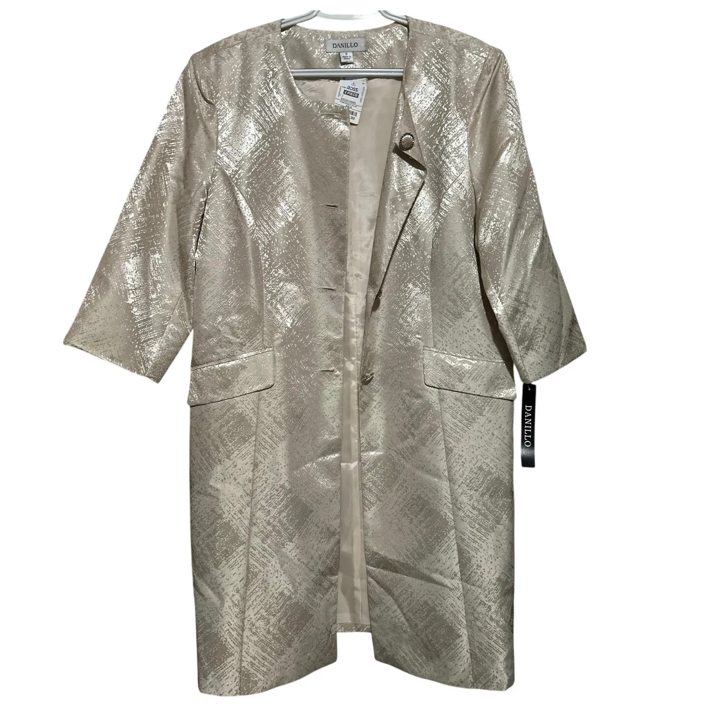 Danillo Women's 2 Piece Cream Metallic Damask Fabric Long Jacket & Dress Size 16 - Image 8