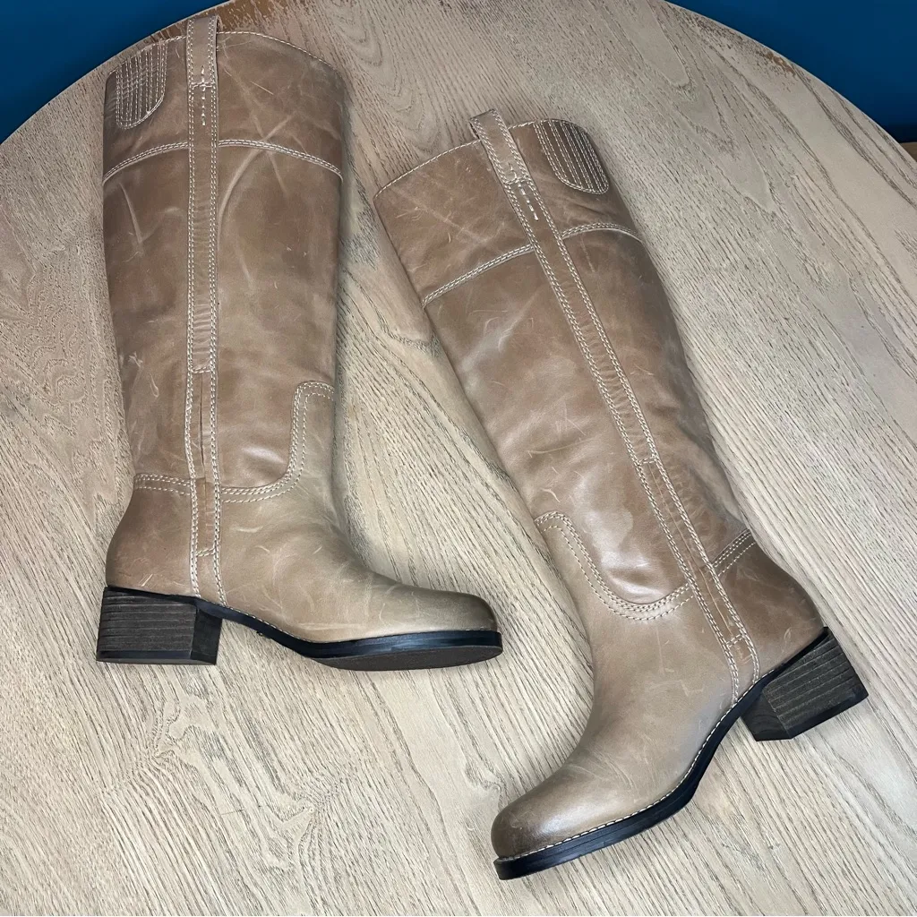 Lucky Brand Hybiscus Riding Boot Silver Cloud Tan Leather Women’s 7.5 Wide Calf Size undefined - Image 8
