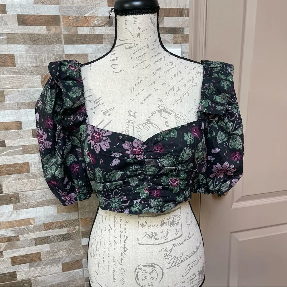 NWT ZARA - crop top floral black purple green 100% cotton Sz L - Image 9