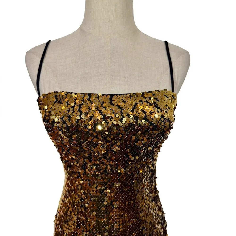 Reformation Roxi Sequin Mini Bodycon Party Dress in Waldorf Gold Disco - Image 7