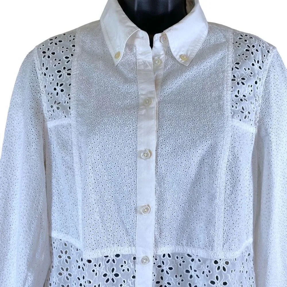 Tory Burch Ivory Eyelet Patchwork Button Down 3/4 Sleeve Shirt - Image 3