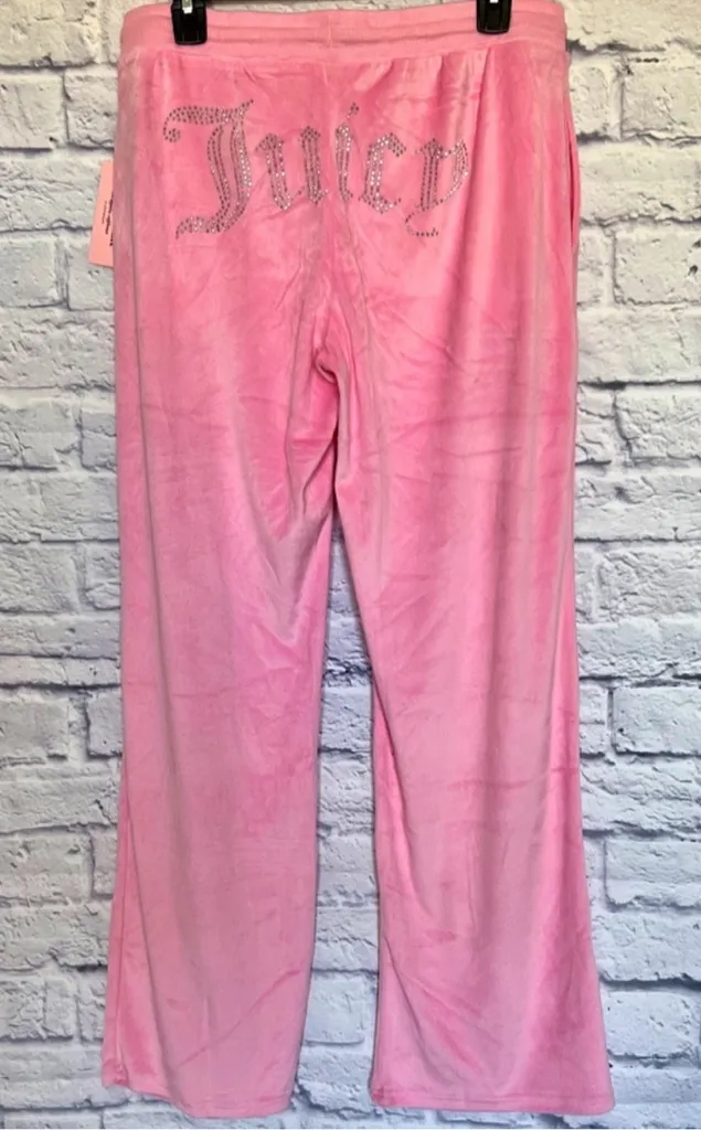 . 👑🩷JUICY COUTURE Pink Velvet Fleece Pants with Rhinestone Detail Y2K LARGE - Image 3