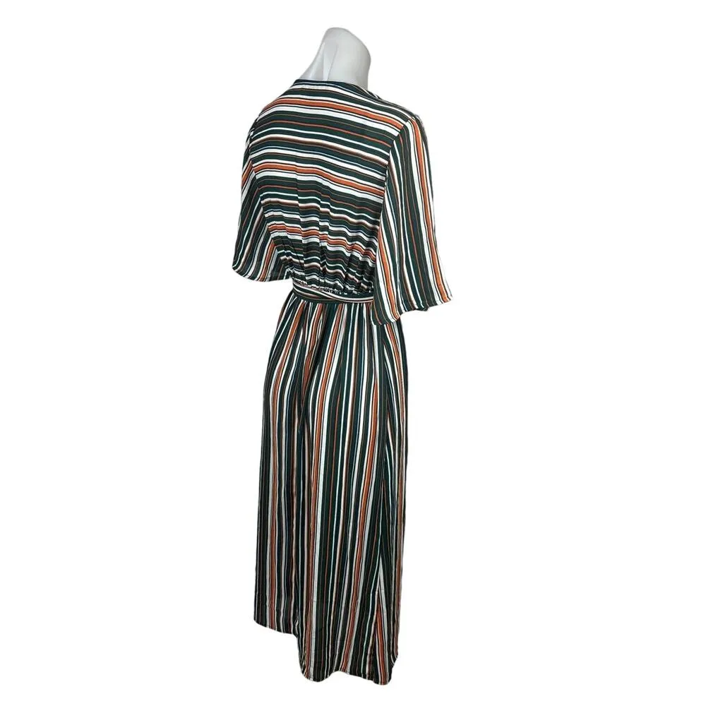 Forever 21 Green Orange Striped Faux Wrap Surplice Short Sleeve Midi Dress Sz S - Image 3