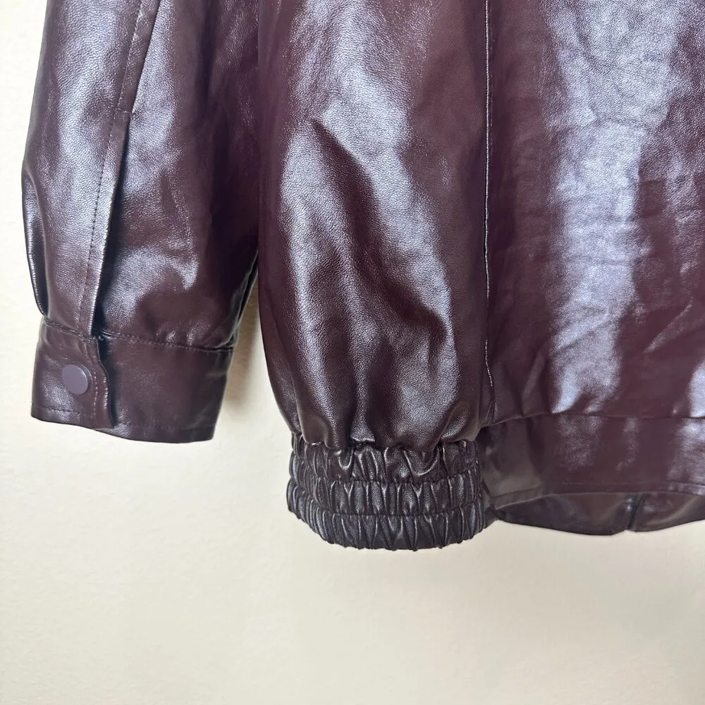 Oversized Faux Leather Bomber Jacket Coat Slant Pockets Chocolate Brown Medium - Image 7