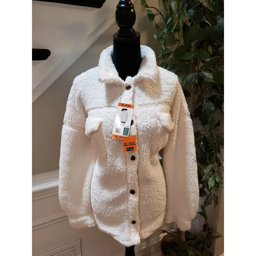 32 Degrees Heat Sherpa Jacket White Fuzzy Button Front XL/XXL Cozy Winter Warm - Image 2