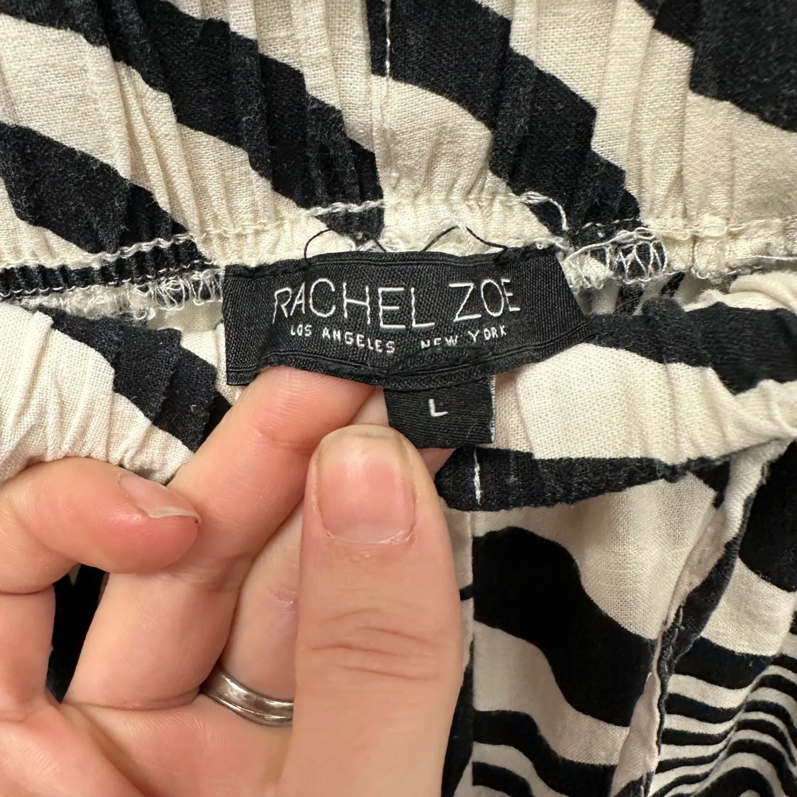 Rachel Zoe Pants Palm Fronds Print Cream Black Linen Blend Cargo Joggers L - Image 7