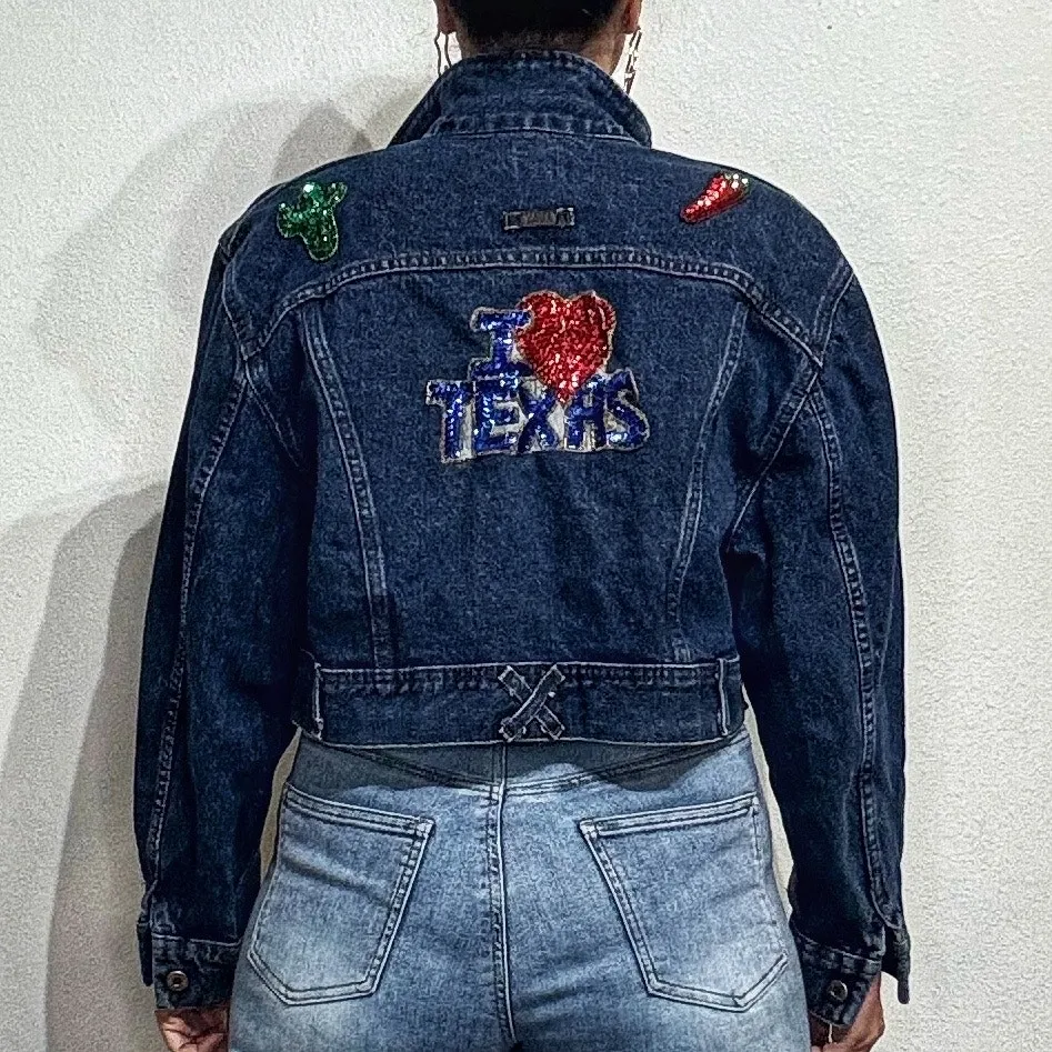 Lee Blue Denim I Heart Texas  Patch Vintage Jean Jacket Sz L - Image 11