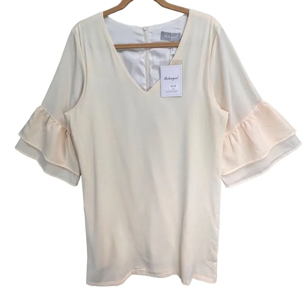 Belongsci Dress Womens L Ivory Chiffon Mini Shift V Neck Bell Sleeve Classic NEW Size L - Image 2