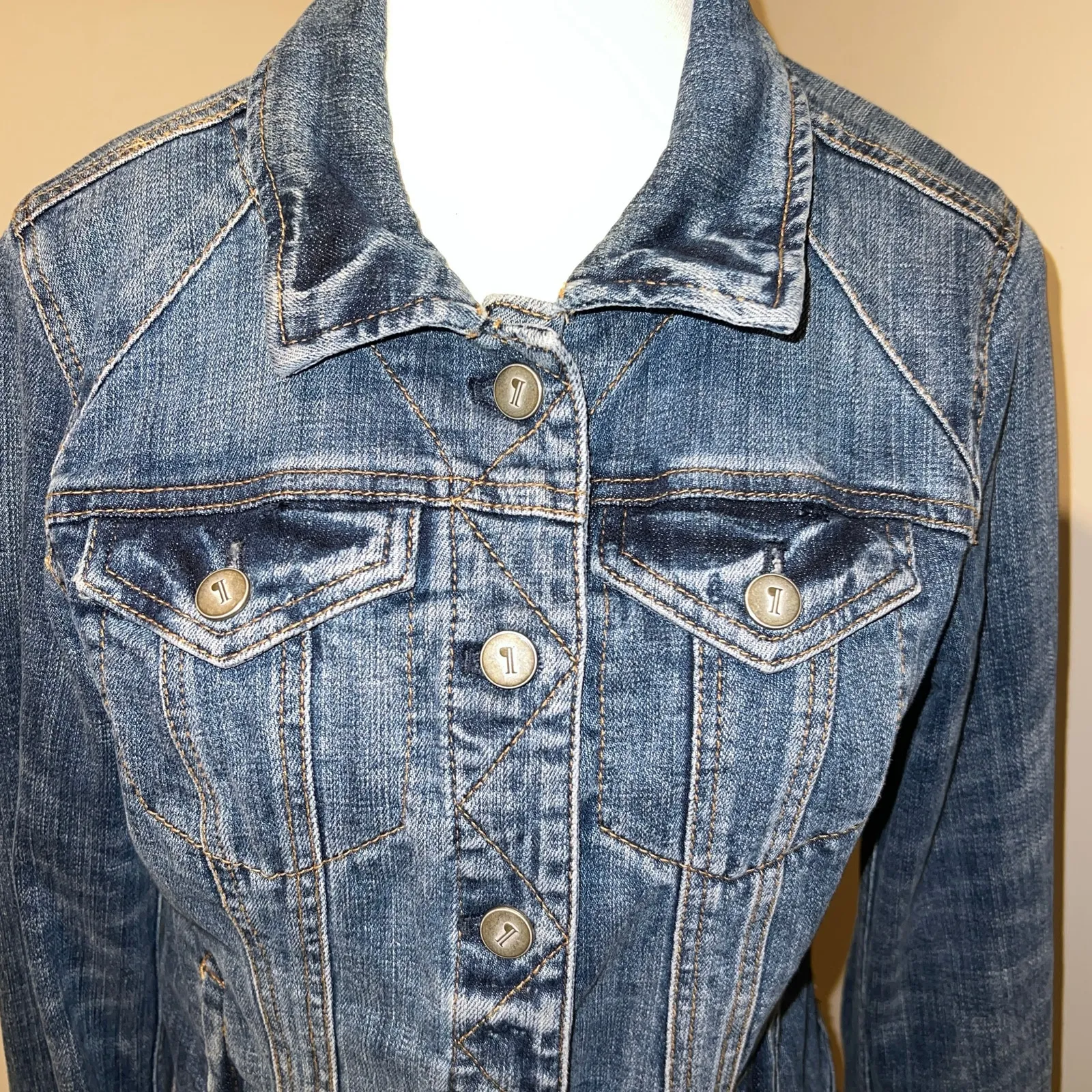 Pilcro and the Letterpress Denim Jean Jacket Leather Tabs Medium Wash Size S - Image 3