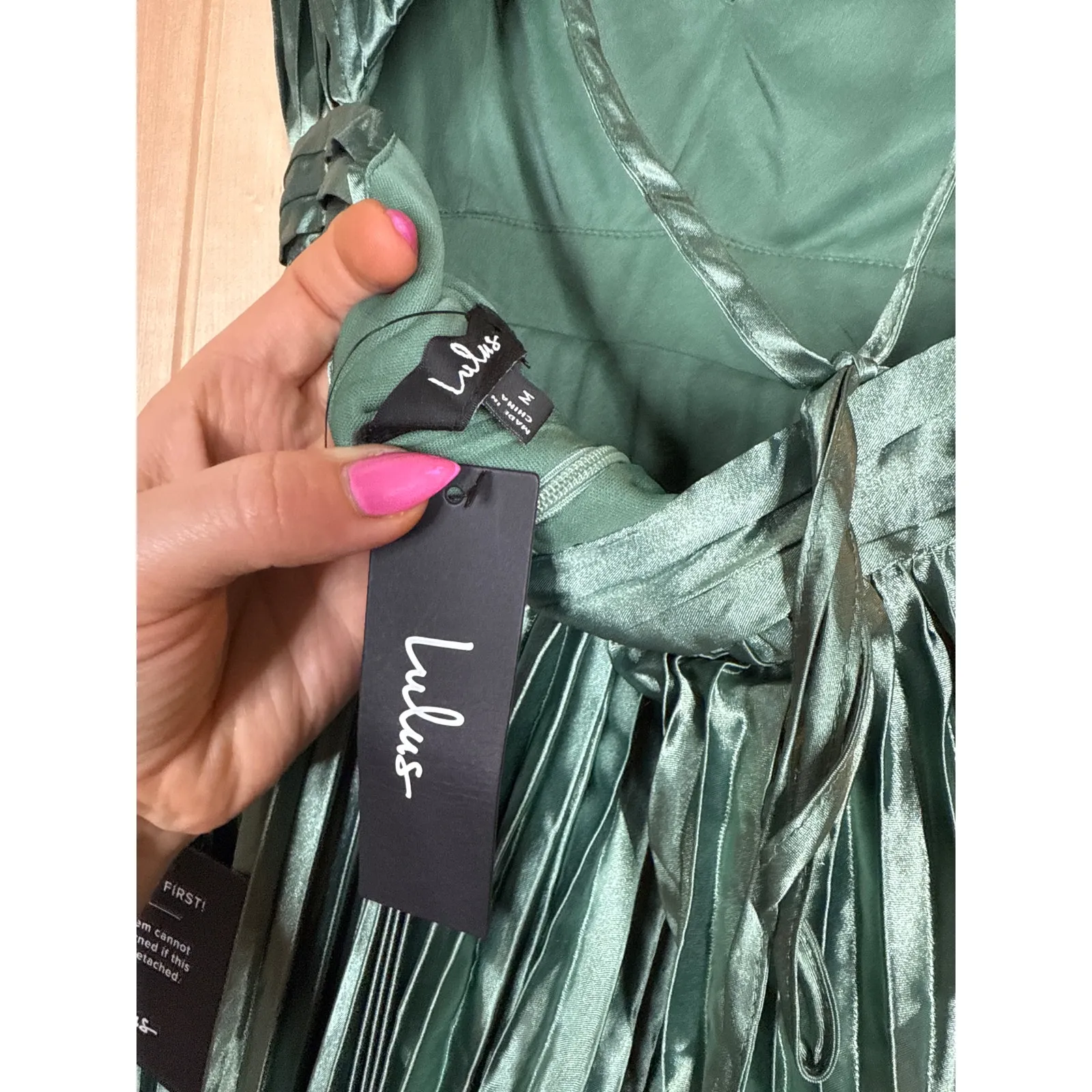 NWT Lulus Exceptional Drama Sage Green Satin Lace-Up Pleated Maxi Dress Bride M - Image 5