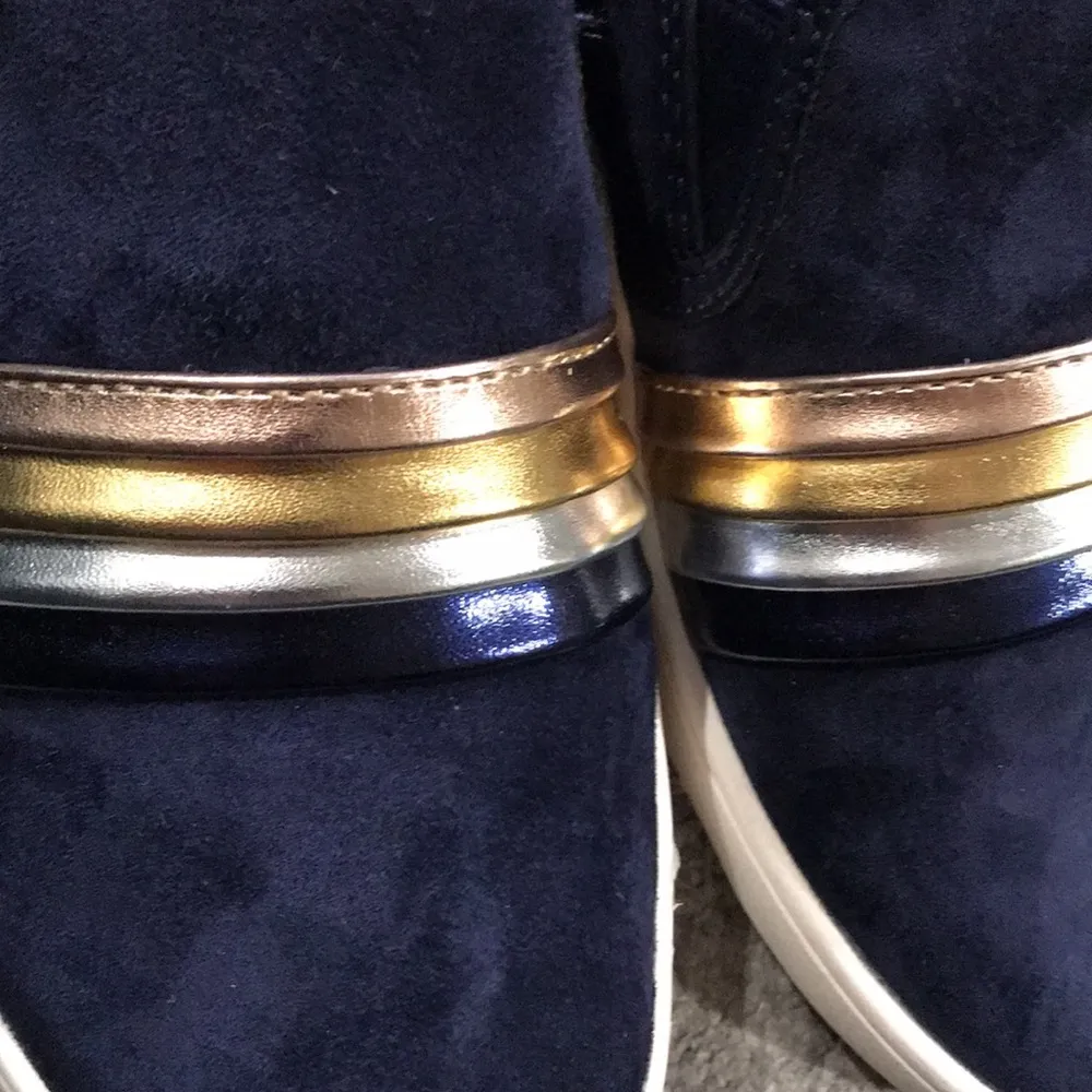 St. Barts leather navy blue suede slide metallic trim Size 6.5 - Image 4