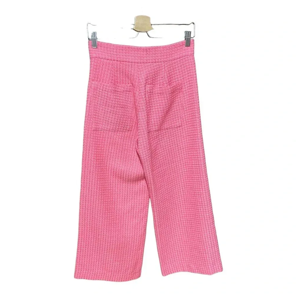 Zara Pants Cropped‎ Fit Tweed Textured Wide Leg Trousers Pink Size Small - Image 7