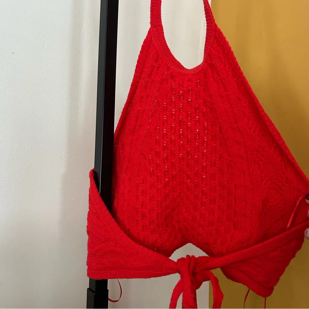 Staud Lori Halter Crop Top Knit Cropped Red Adjustable Tie Back $195 Size XS - Image 6
