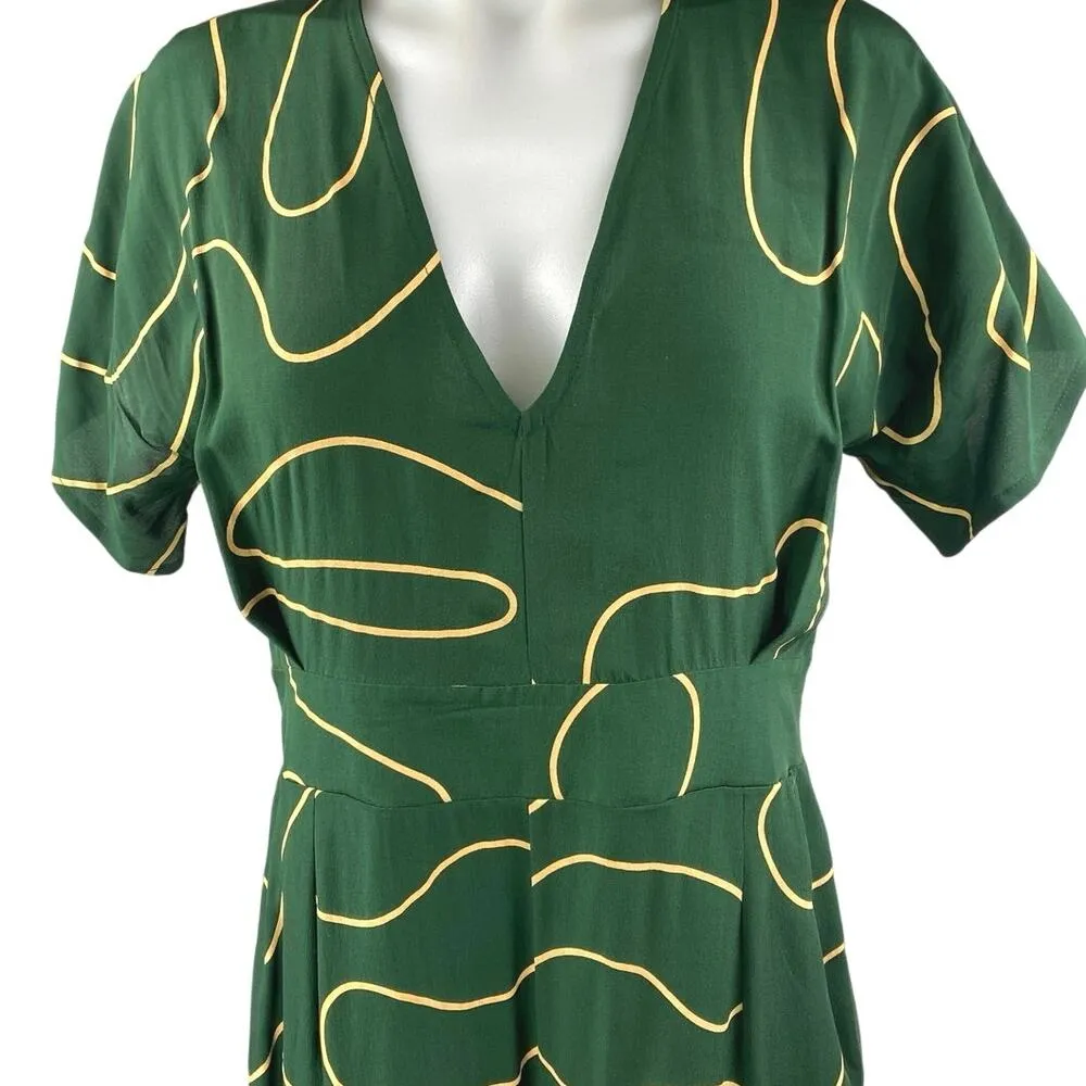Ali Golden Women's Green Gold Silk Abstract Short Sleeve V Neck Crop Jumpsuit S - Image 4