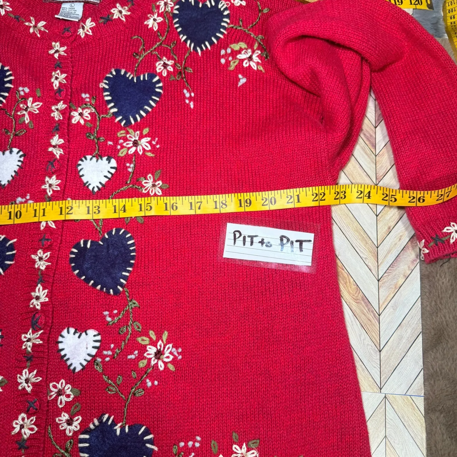 Vtg Red Embroidered Heart Floral Knit Cardigan Sweater Lg Valentines Day Granny - Image 6