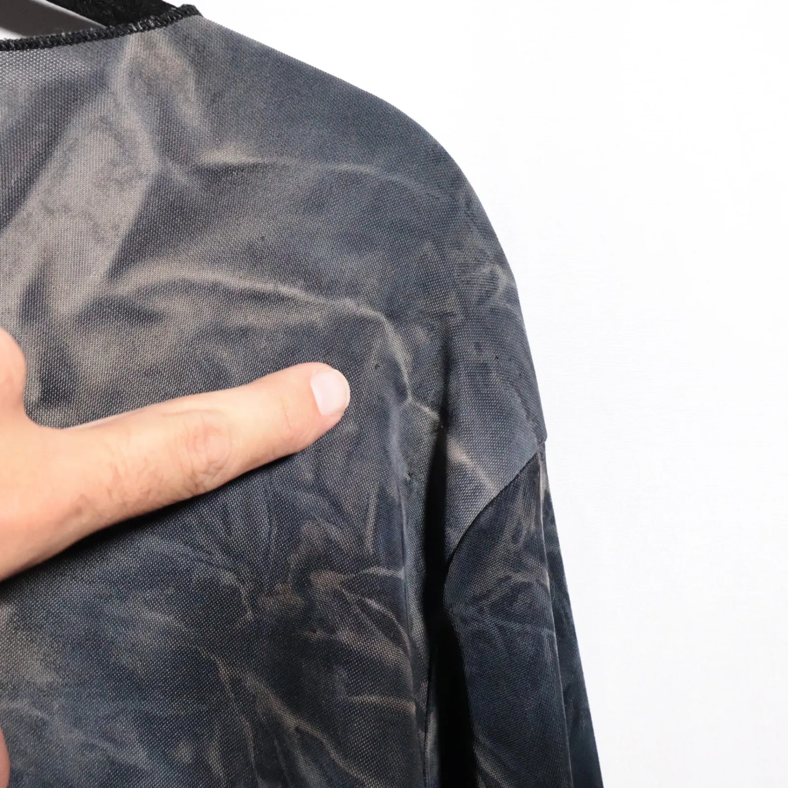 Y2K Espresso Grunge Gray Mesh Top Long Sleeve 2X V Neck Lettuce Hem Tie‎ Dye - Image 7