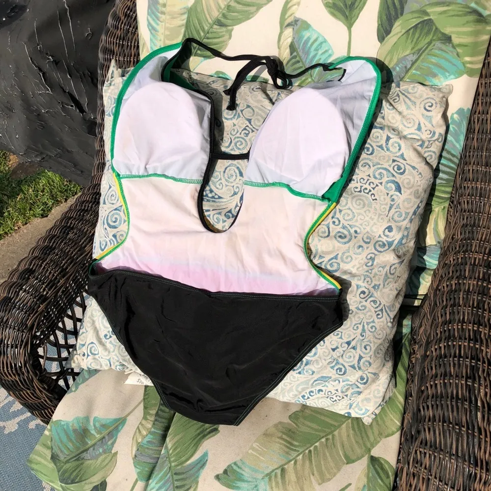 Island Wear Striped one piece halter swimsuit green yellow red XL - Image 4