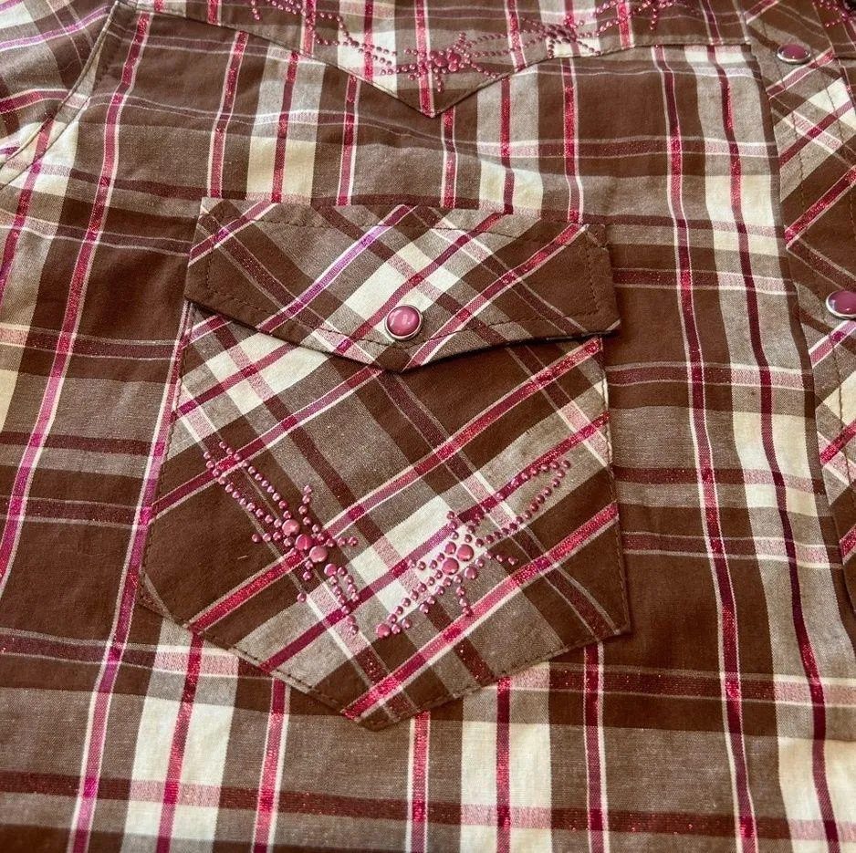 Cowgirl Hardware Pearl Snap Button Down Rhinestone Metallic Western Rodeo Plaid Brown Size L - Image 5
