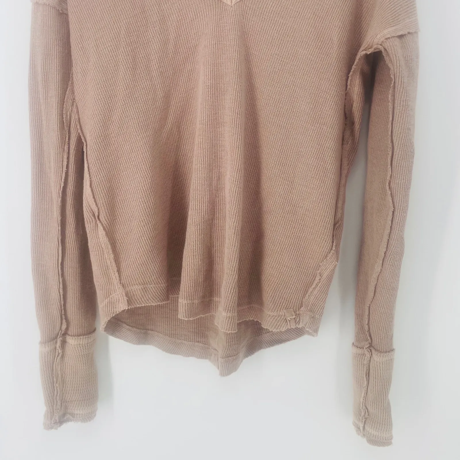 We The Free Thermal V Neck Long Sleeve Top Tan Henley Waffle Knit Size S - Image 3