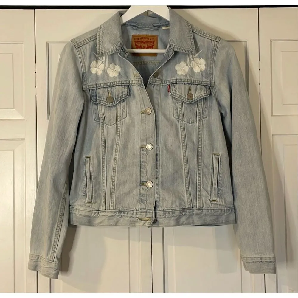 Levi’s cotton denim jacket with white embroidered flowers M - Image 2