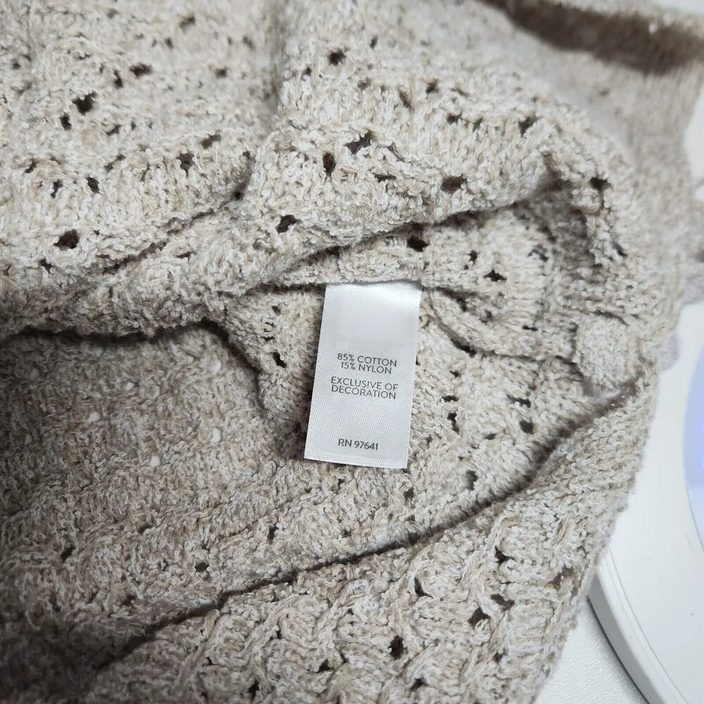 J. Jill Oatmeal Open Knit Crochet Flared Sleeve Side Tie Sweater Boho Cottage - Image 6