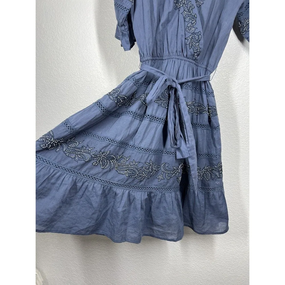 Love Sam Beaded Embroidered Boho Dress Small Dark Blue Ruffle Lace Anthropologie - Image 4