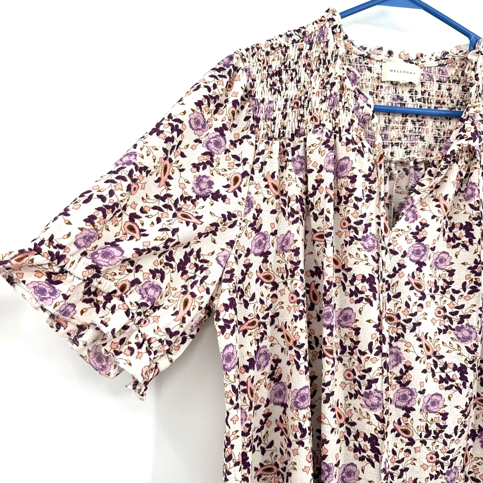 melloday size 2X short sleeve blouse floral print smocked upper cream purple‎ - Image 3