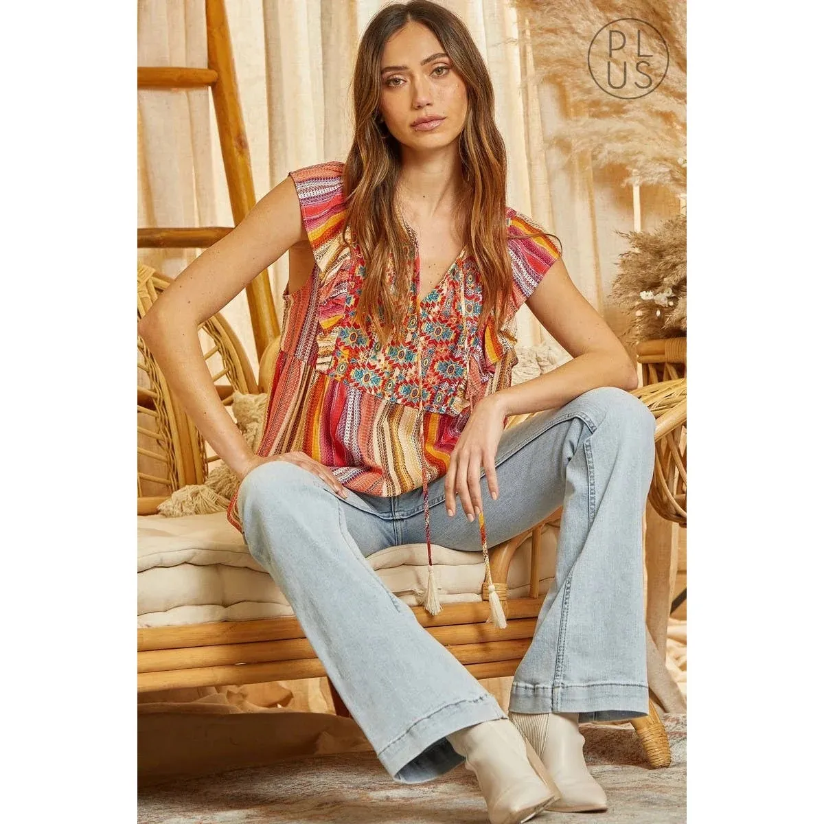 Savanna Jane Daria Aztec Embroidered Colorful Striped Woven Top Size Large Pink - Image 8