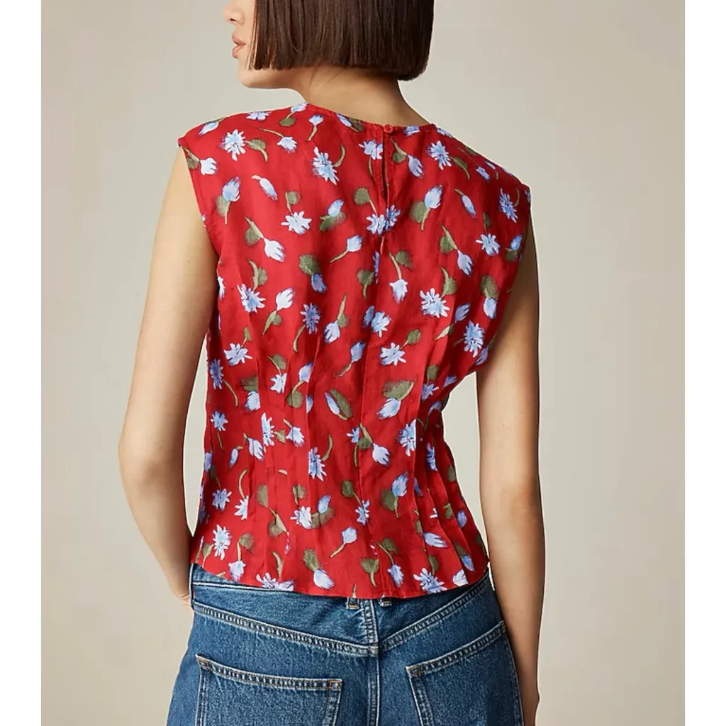 J. Crew Pintuck Shell Top Brushed Daisy-print Ramie Red Multi - Image 6
