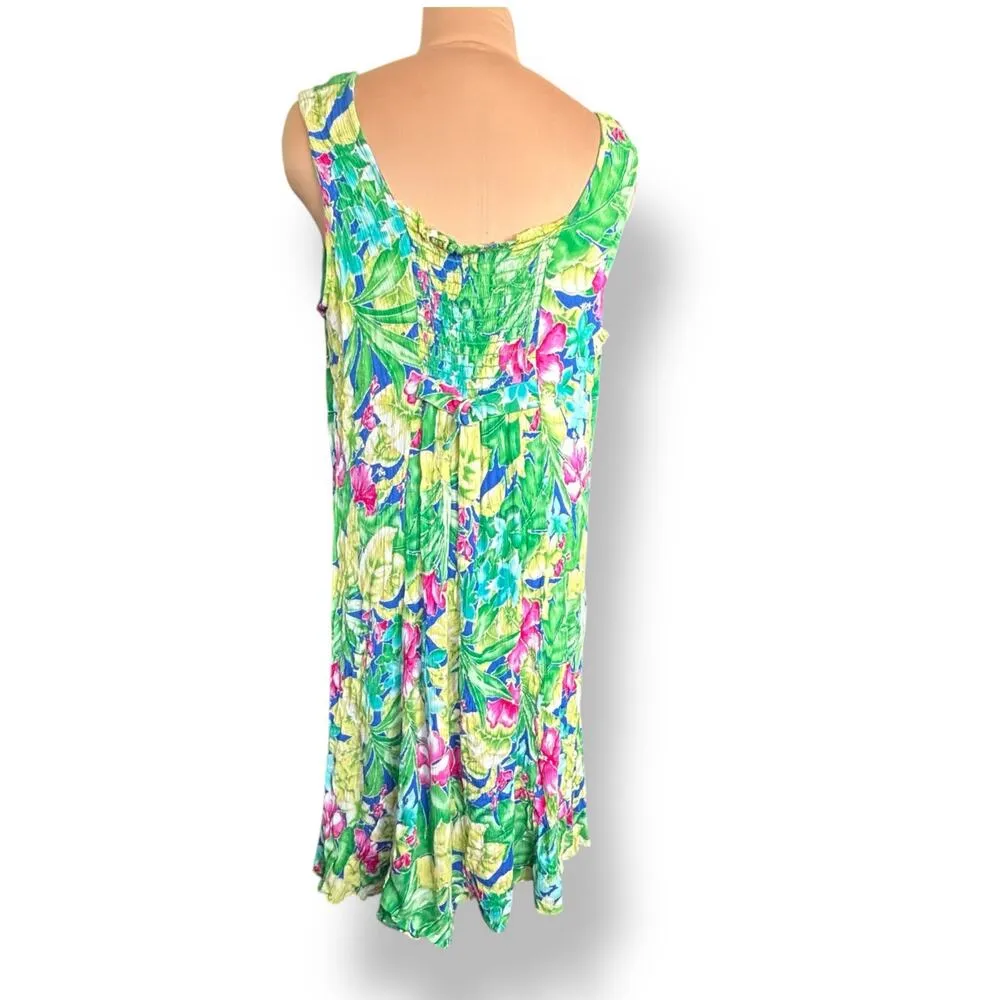 Vintage 90s Green Tropical Floral Crinkle Rayon Dress 22W Button Front Tie Back - Image 5