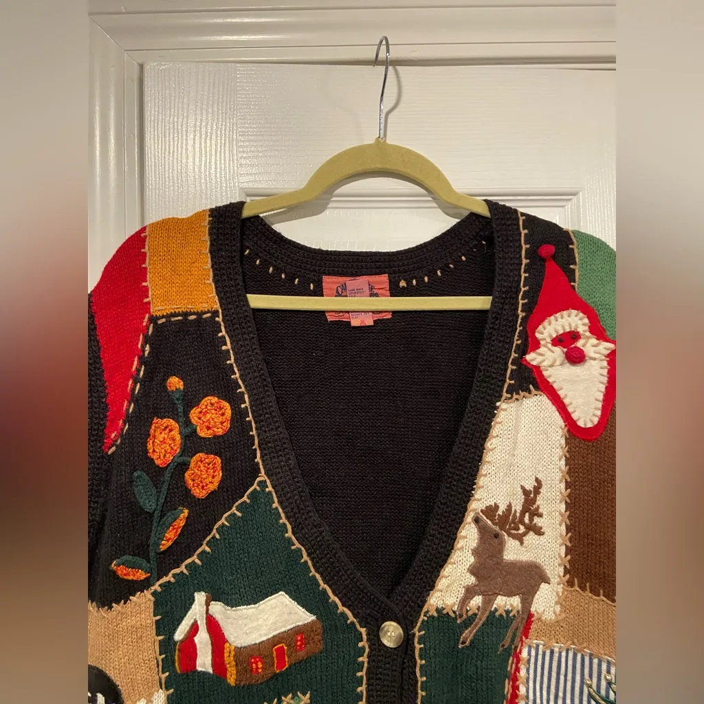 VTG 80s Cambridge Country Store Size L Christmas Sweater Vest Cotton Patchwork Black Size L - Image 2