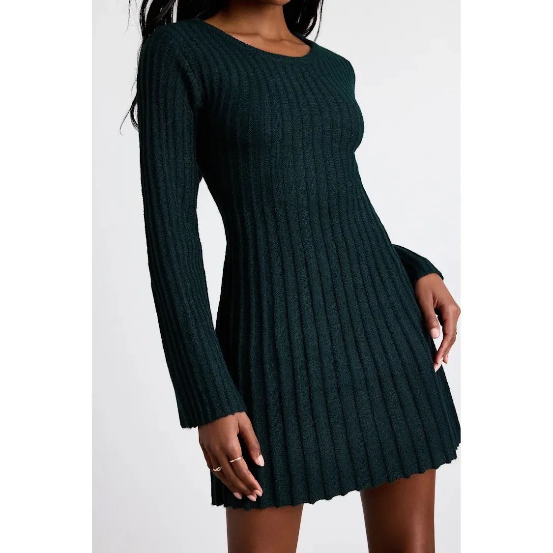 Lulus Dark Green Ribbed Long Sleeve Skater Mini Dress Size M - Image 2