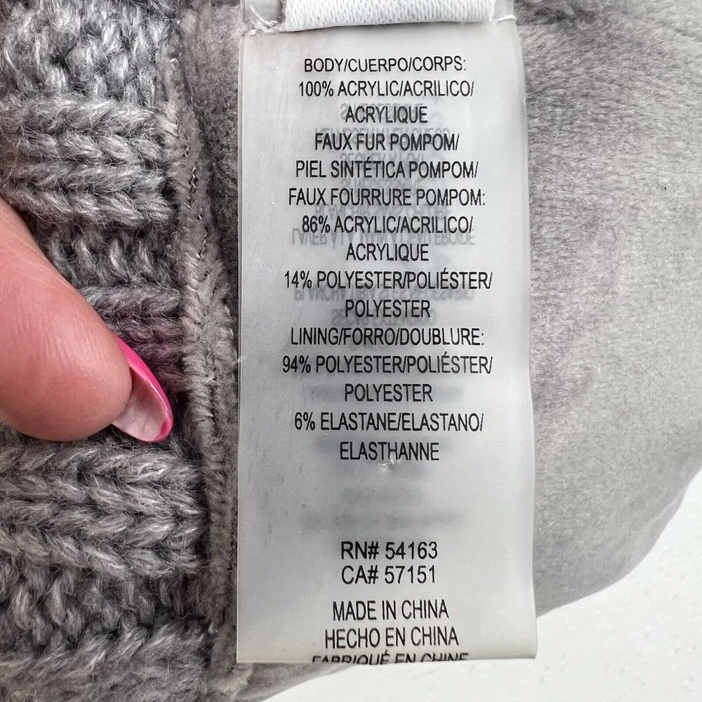 CK Calvin Klein Grey Rib Knit Winter Beanie Faux Fur Pom Pom Hat - Image 9