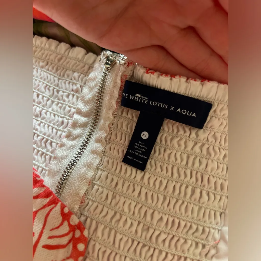 The White Lotus x AQUA toile Printed Puff Sleeve Mini Coral Dress XL linen blend - Image 5