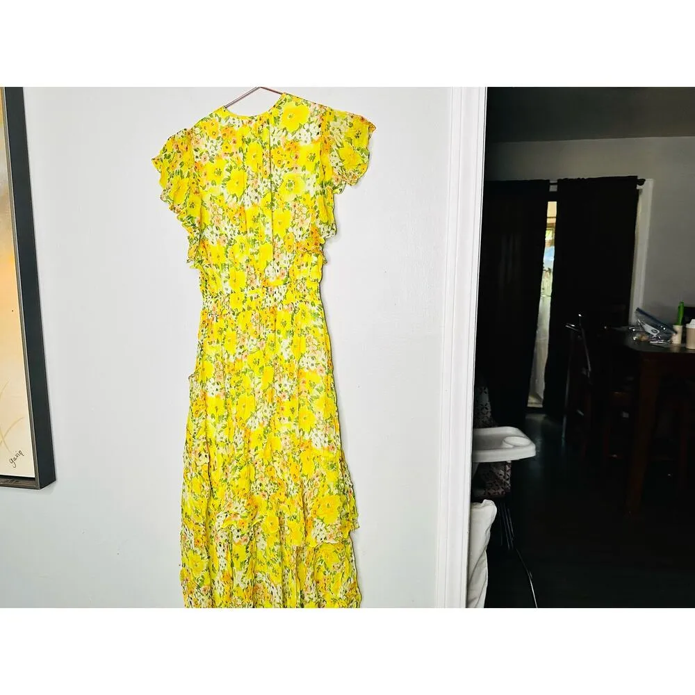 SHOSHANNA Yellow Floral Chiffon Short Flutter Sleeve Ruffle Hemline Dress size 0 - Image 3