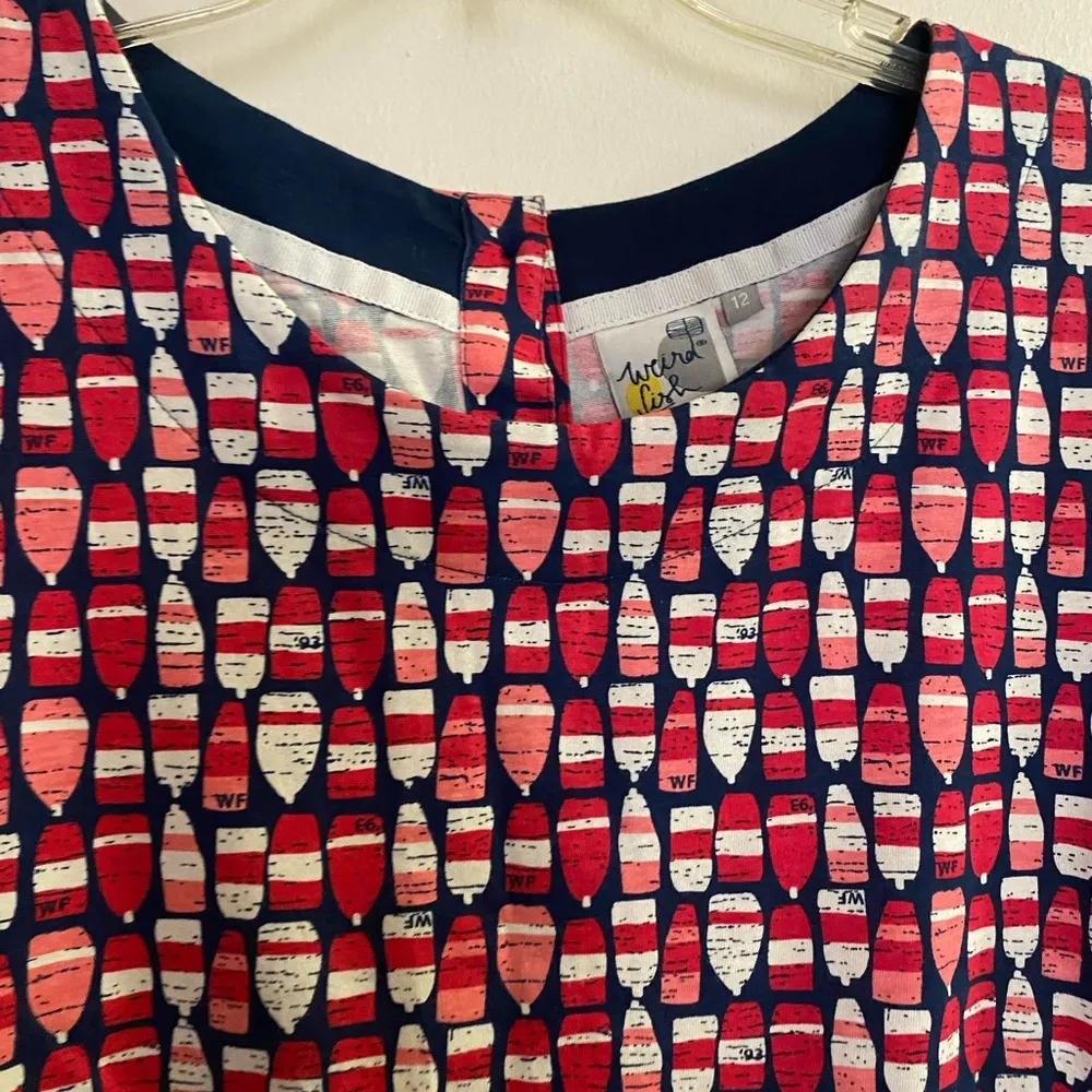 Weird Fish Women’s Midi Dress Size 12 Red Blue Bottle Print Bust 36” Length 38” - Image 3