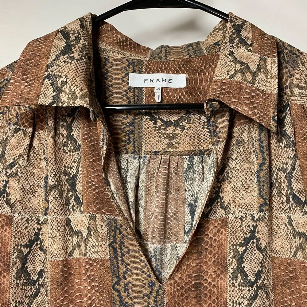 FRAME Willa Snakeskin Print Silk Crepe De Chine Blouse Sepia Multi Brown Large - Image 5