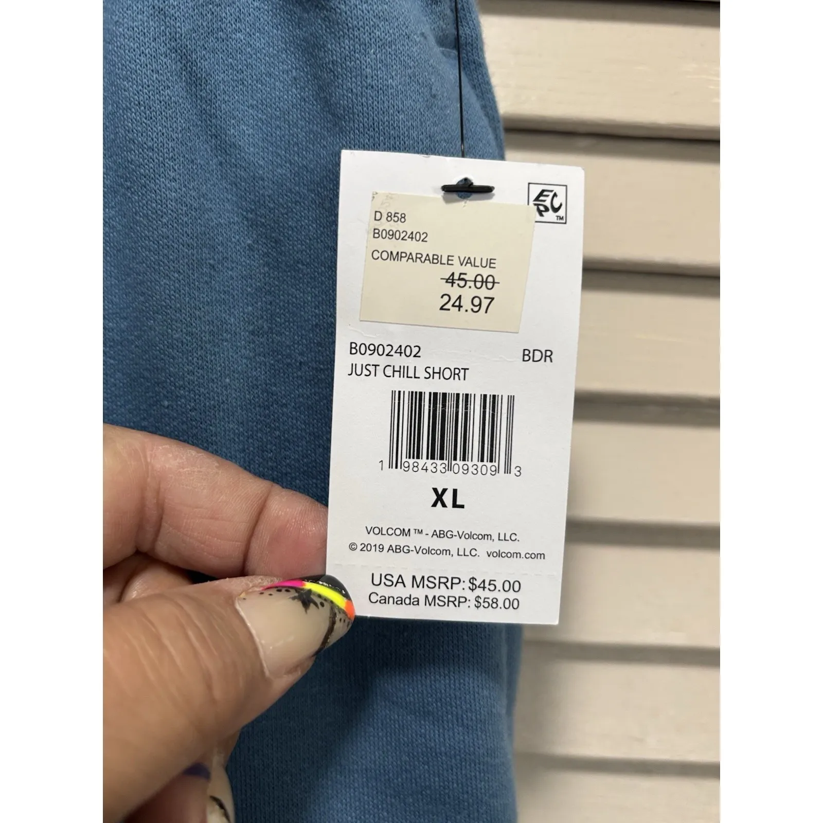 Volcom Blue Sweat Short Size‎ XL Elastic/Tie Waist High Rise Soft Logo Casual - Image 3