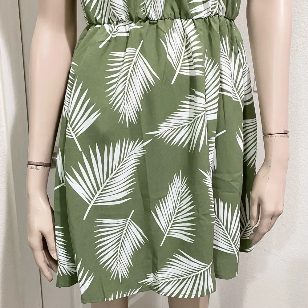 CAMELLIA Olive Green Leaf Print Mini Dress Size M Size M - Image 5