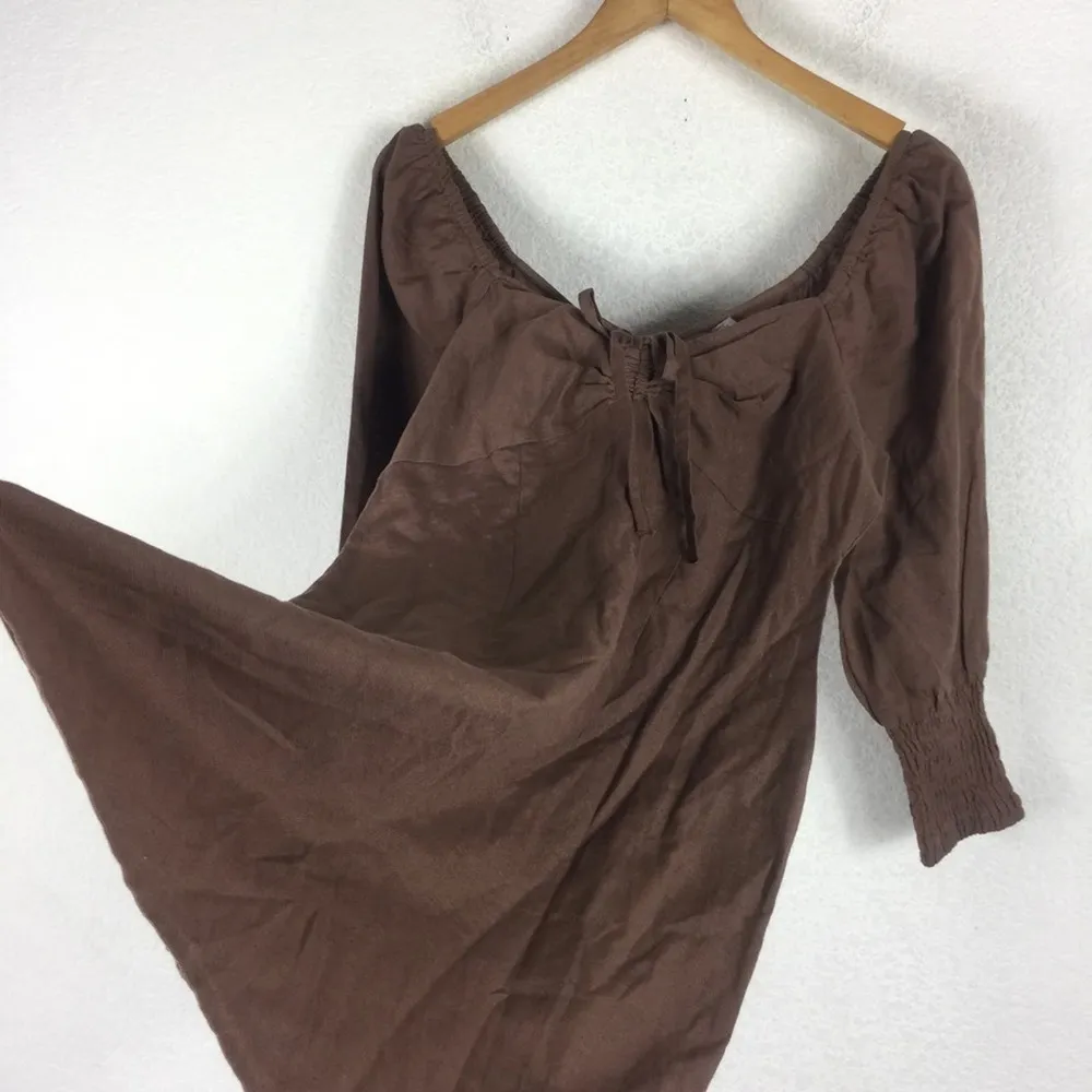 NWT ASOS Design Brown Linen Puff Sleeve Ruched Front Mini Dress Size 8 - Image 13