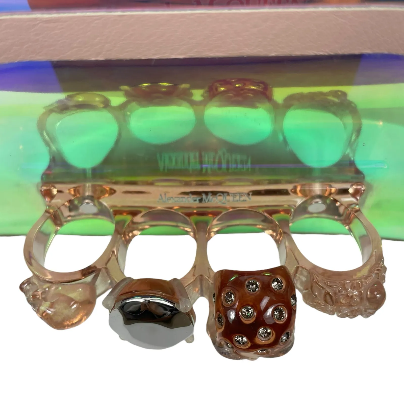 Alexander McQueen Mini Jewelled Crossbody Bag Holographic Pink PVC Leather - Image 9