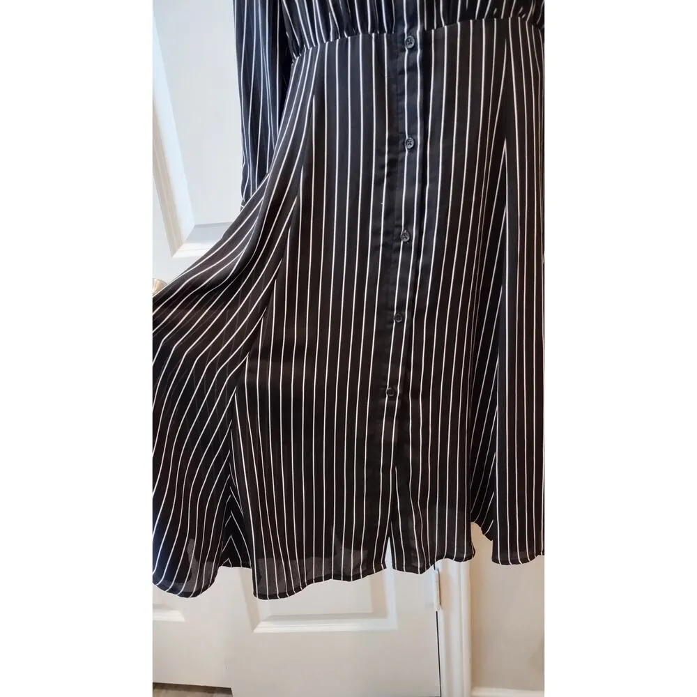 Who What Wear Sheath Dress Black White Pinstriped Long Sleeves Button down small - Image 7